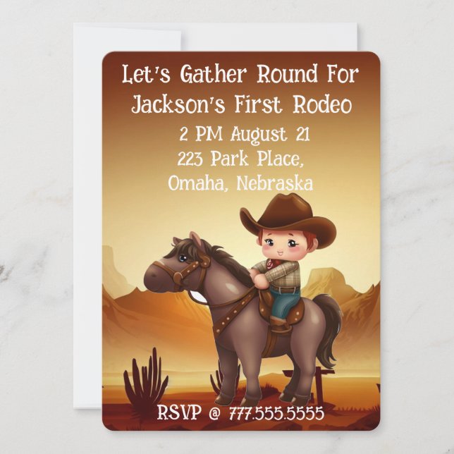 Invitación Primer cumpleaños de Rodeo de Cute Cowboy (Anverso)