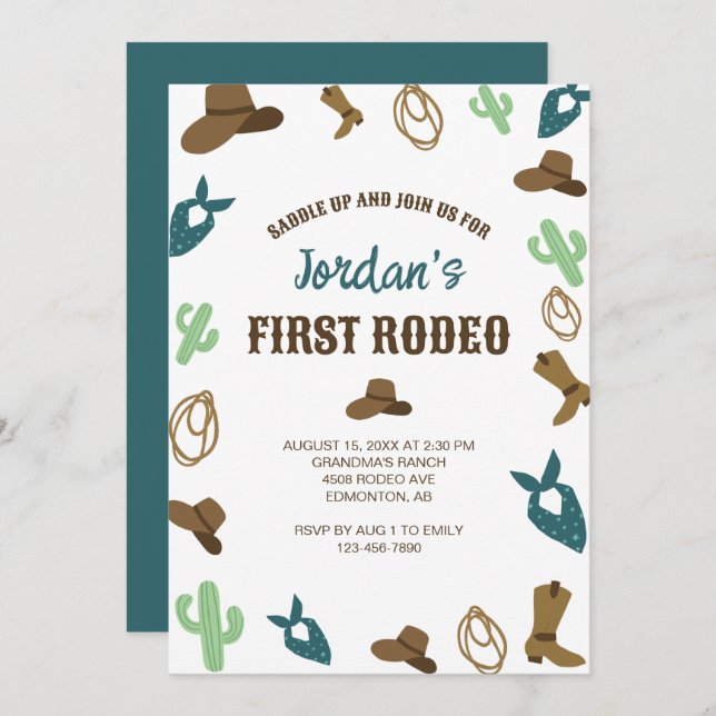 Invitación Primer cumpleaños de Rodeo Primer Cowboy Cute Occi (Anverso / Reverso)