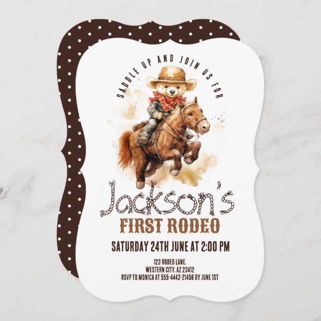 Invitación Primer cumpleaños de Rodeo Teddy Bear Horse Boy (Anverso / Reverso)
