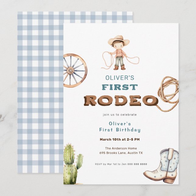 Invitación Primer cumpleaños de Rodeo Western Baby Boy (Anverso / Reverso)