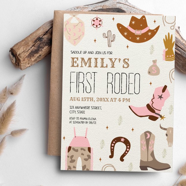Invitación Primer cumpleaños de Rodeo Wild West Pink Cowgirl (First Rodeo - Pink Girl's 1st birthday)