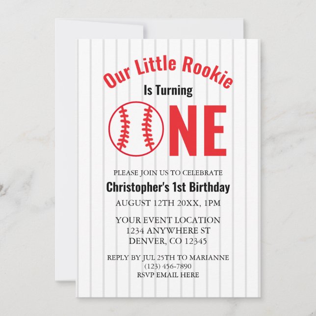 Invitación Primer cumpleaños de Rookie Baseball (Anverso)