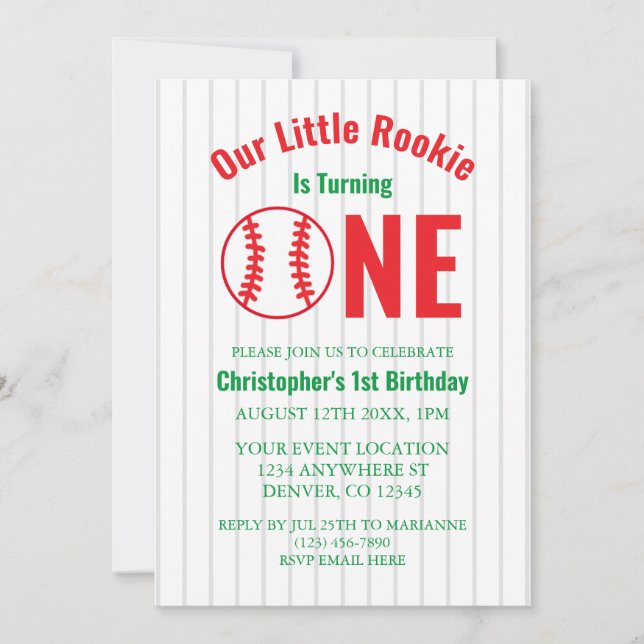 Invitación Primer cumpleaños de Rookie Baseball (Anverso)