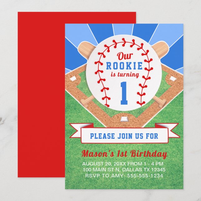 Invitación Primer cumpleaños de Rookie Baseball (Anverso / Reverso)
