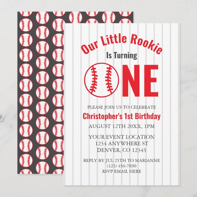 Invitación Primer cumpleaños de Rookie Baseball (Anverso / Reverso)
