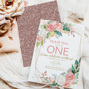 Invitación Primer cumpleaños de Rosa floral de oro rosado