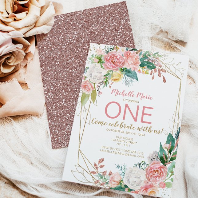 Invitación Primer cumpleaños de Rosa floral de oro rosado (Subido por el creador)