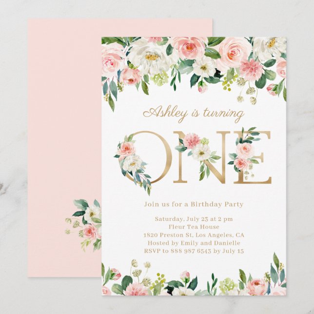 Invitación Primer cumpleaños de Rubor Flowers Gold ONE Floral (Anverso / Reverso)