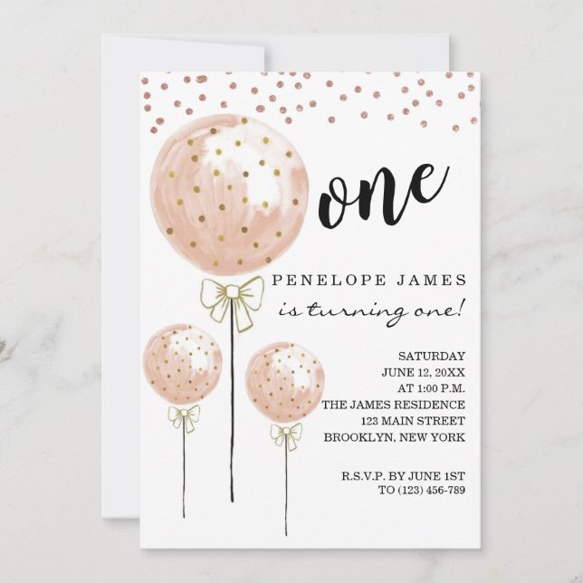 Invitación Primer cumpleaños de Rubor Pink Cotton Candy Ballo (Anverso)