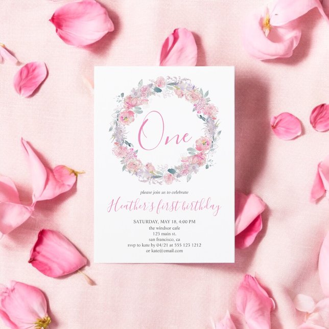 Invitación Primer cumpleaños de Rubor Pink Floral (Subido por el creador)