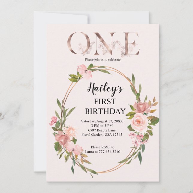 Invitación Primer cumpleaños de Rubor y Rosa Gold Floral (Anverso)