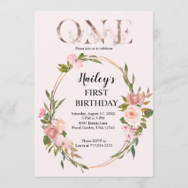 Invitación Primer cumpleaños de Rubor y Rosa Gold Floral