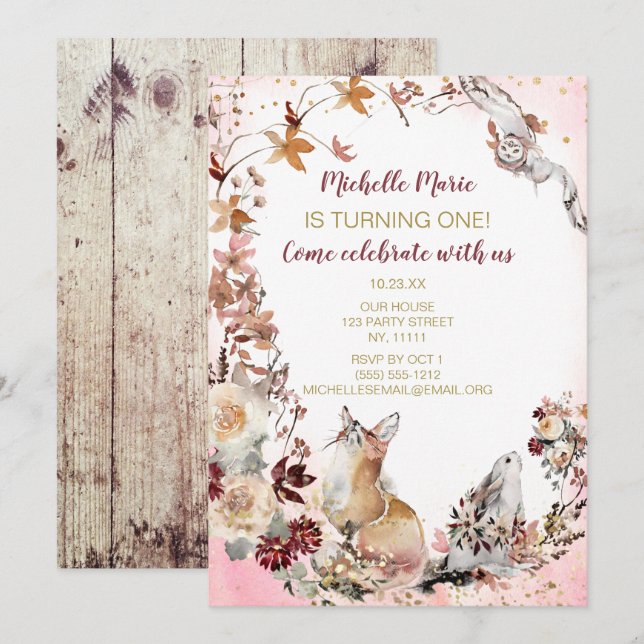 Invitación Primer cumpleaños de Rústica Floral de venados de  (Anverso / Reverso)