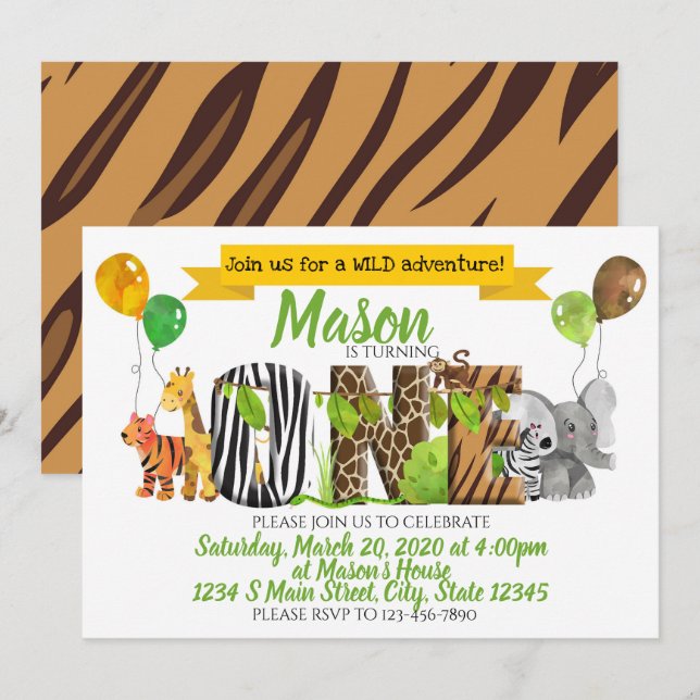 Invitación Primer cumpleaños de Safari (Anverso / Reverso)