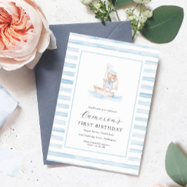 Invitación Primer cumpleaños de Sailor Bear Blue Stripe