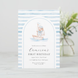 Invitación Primer cumpleaños de Sailor Bear Blue Stripe Arch