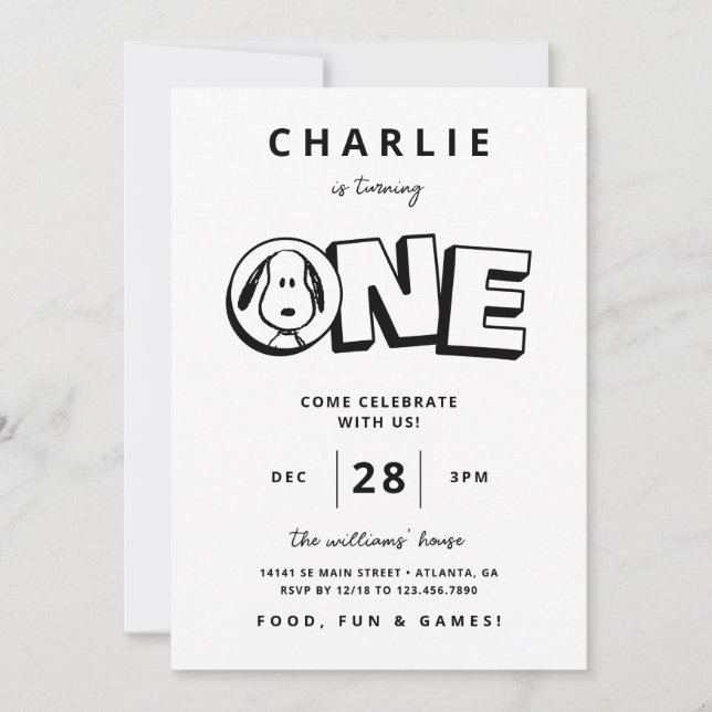Invitación Primer cumpleaños de Snoopy Blanco y Negro simple (Anverso)