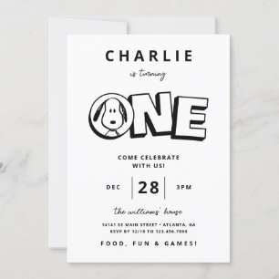 Invitación Primer cumpleaños de Snoopy Blanco y Negro simple