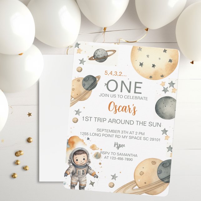 Invitación Primer cumpleaños de Space Adventure Watercolor (Subido por el creador)