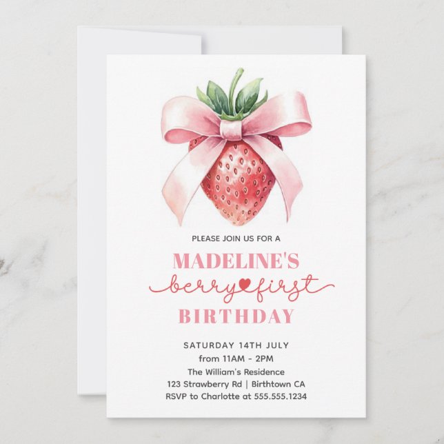 Invitación Primer cumpleaños de Strawberry (Anverso)