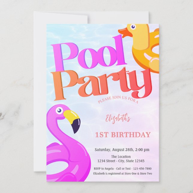Invitación Primer cumpleaños de Summer Flamingos (Anverso)