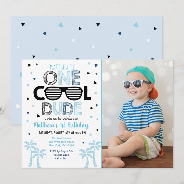 Invitación Primer cumpleaños de Sunglass Boy, chico de Guay (Anverso / Reverso)