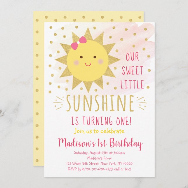 Invitación Primer cumpleaños de Sunshine Pink & Gold (Anverso / Reverso)