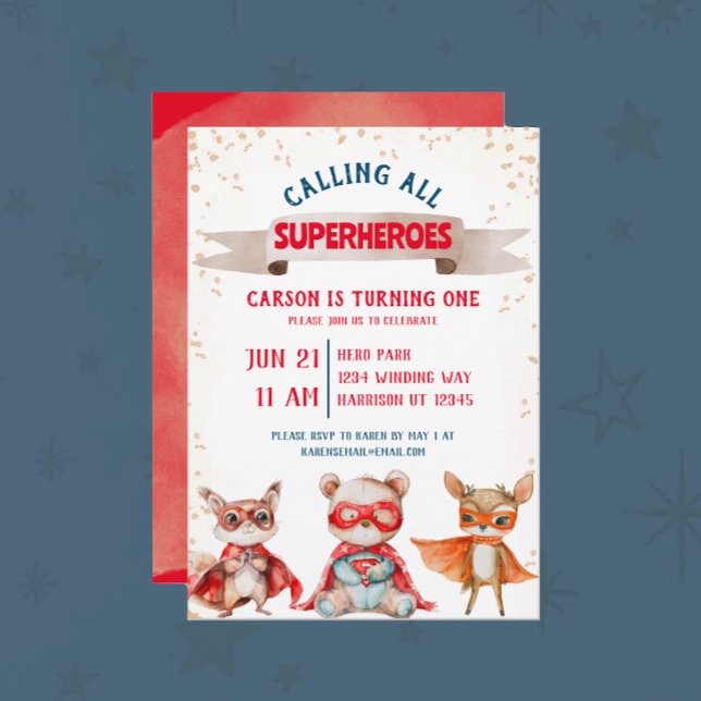 Invitación Primer cumpleaños de superhéroe de animal lindo (Subido por el creador)