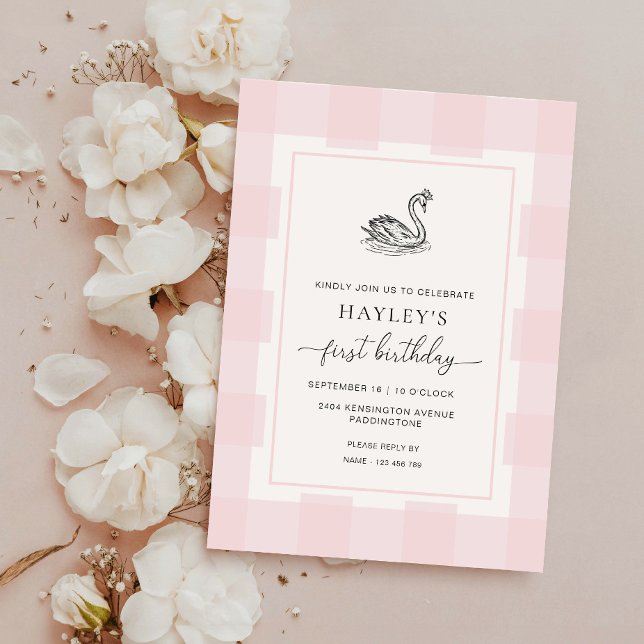 Invitación Primer cumpleaños de Swan Pink Gingham (Subido por el creador)