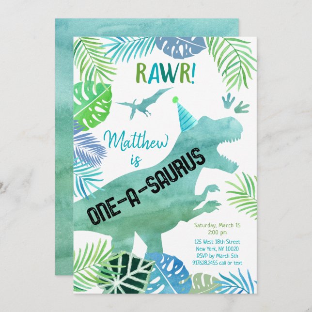 Invitación Primer cumpleaños de T Rex Dinosaur One-a-saurus (Anverso / Reverso)
