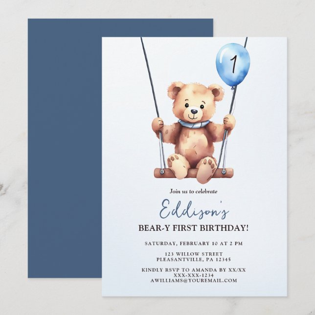 Invitación Primer cumpleaños de Teddy Bear (Anverso / Reverso)