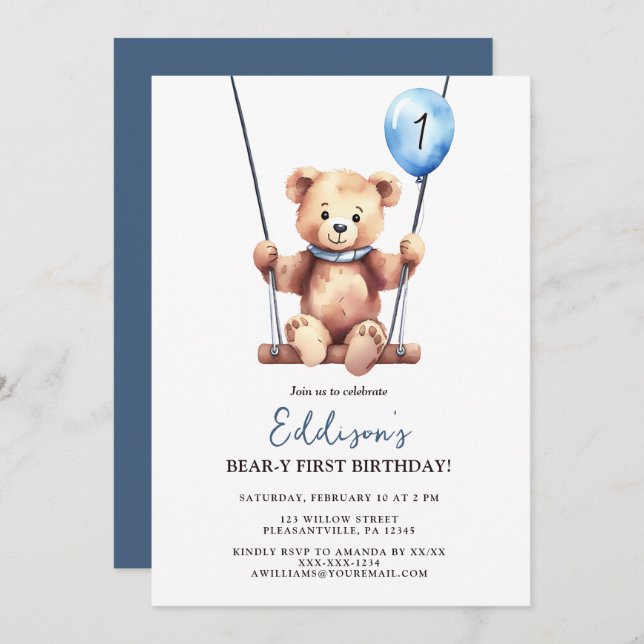 Invitación Primer cumpleaños de Teddy Bear (Anverso / Reverso)