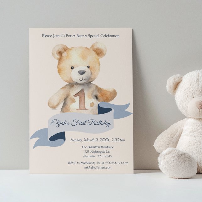Invitación Primer cumpleaños de Teddy Bear Banner Boys (Subido por el creador)