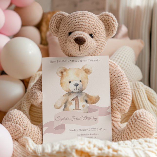 Invitación Primer cumpleaños de Teddy Bear Banner Chicas (Subido por el creador)