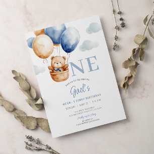 Invitación Primer cumpleaños de Teddy Bear Blue Balloon