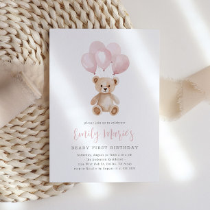 Invitación Primer cumpleaños de Teddy Bear con globo rosa Bea