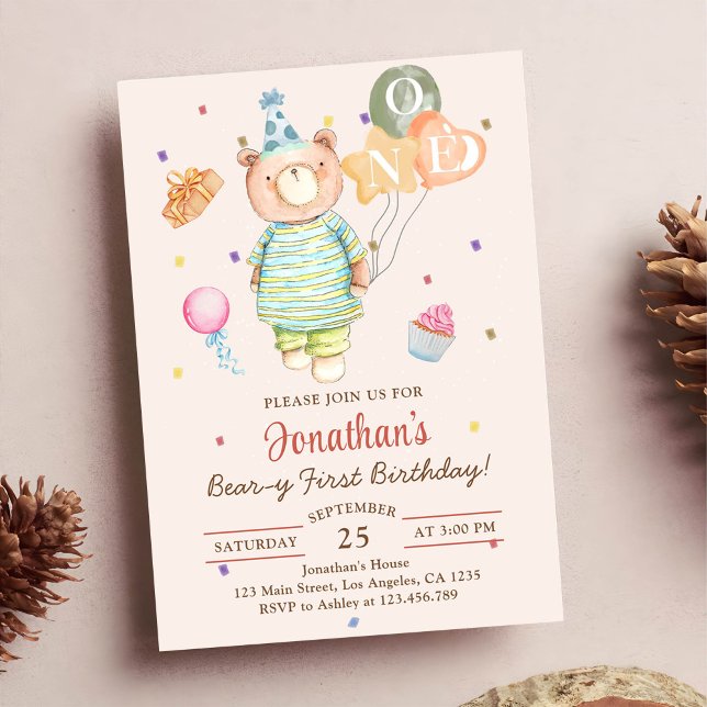 Invitación Primer cumpleaños de Teddy Bear Sage Green Beary (Subido por el creador)