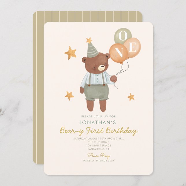 Invitación Primer cumpleaños de Teddy Bear Sage Green Beary (Subido por el creador)