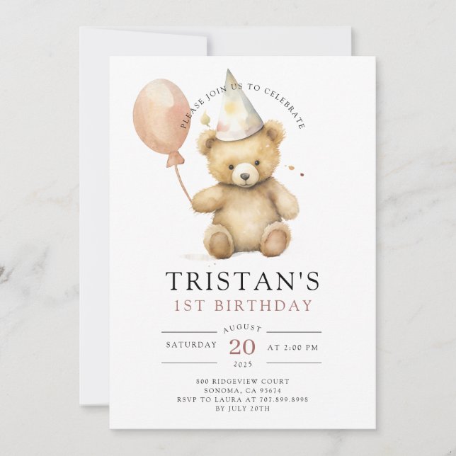 Invitación Primer cumpleaños de Teddy Bear Watercolor Boy (Anverso)