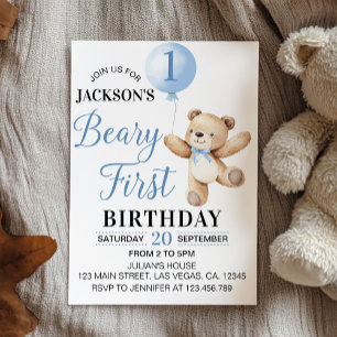 Invitación Primer cumpleaños de Teddy Blue Balloon Beary