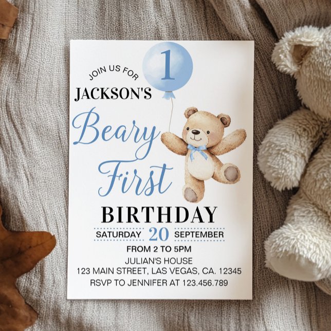 Invitación Primer cumpleaños de Teddy Blue Balloon Beary (Subido por el creador)