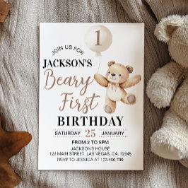 Invitación Primer cumpleaños de Teddy Brown Balloon Beary