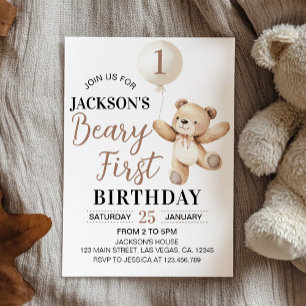 Invitación Primer cumpleaños de Teddy Brown Balloon Beary