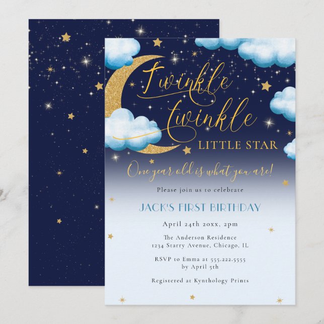 Invitación Primer cumpleaños de Twinkle Little Star Blue Boy (Anverso / Reverso)