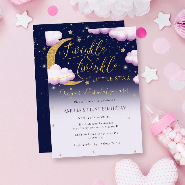 Invitación Primer cumpleaños de Twinkle Little Star Pink Chic (Subido por el creador)