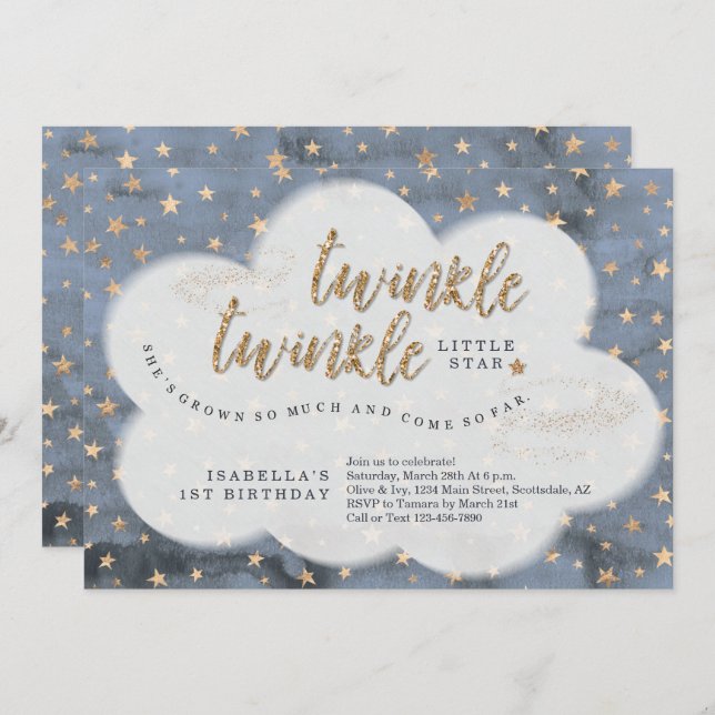 Invitación Primer cumpleaños de Twinkle Twinkle Little Star C (Anverso / Reverso)