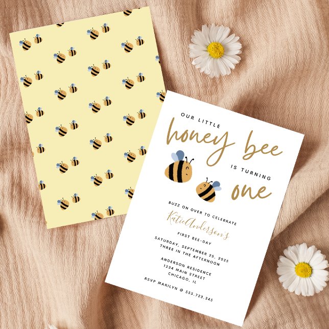 Invitación Primer cumpleaños de un abejorro amarillo blanco m (Subido por el creador)