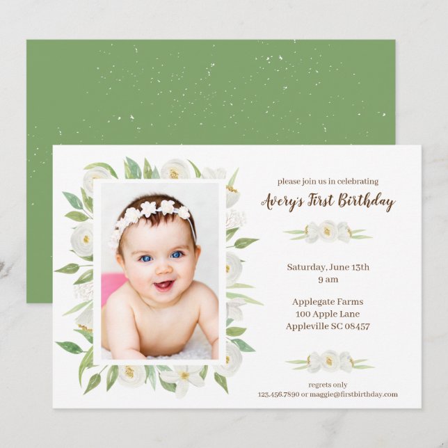 Invitación primer cumpleaños de un bebé floral blanco y verde (Anverso / Reverso)