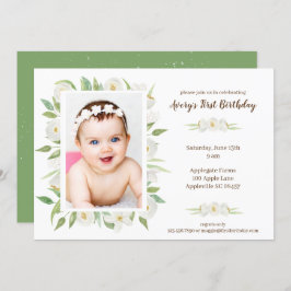 Invitación primer cumpleaños de un bebé floral blanco y verde