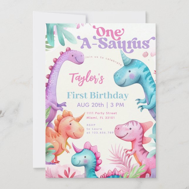 Invitación Primer cumpleaños de un Chica de dinosaurio púrpur (Anverso)